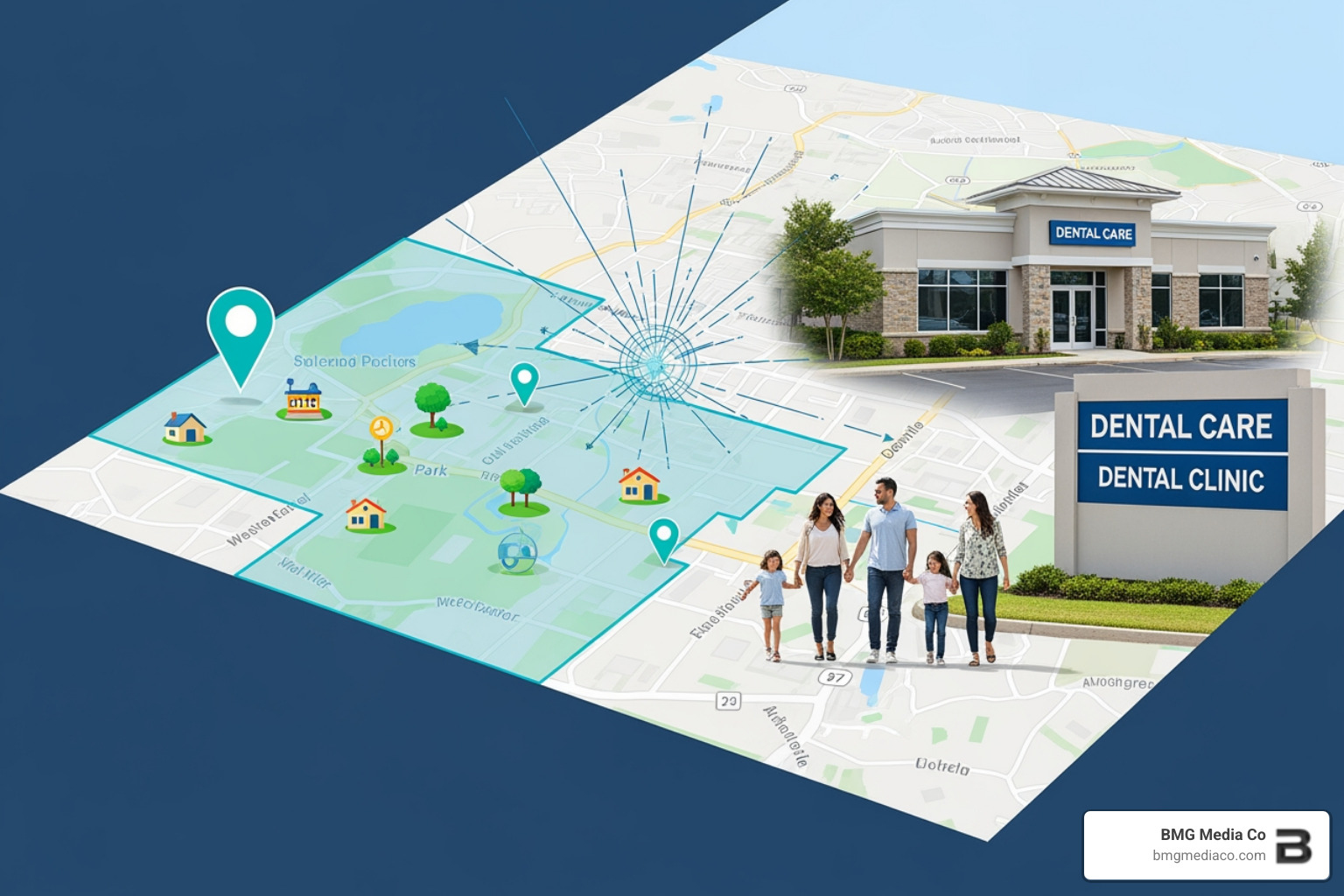 Google Map showing dental listings in a local neighborhood - dentist service area pages