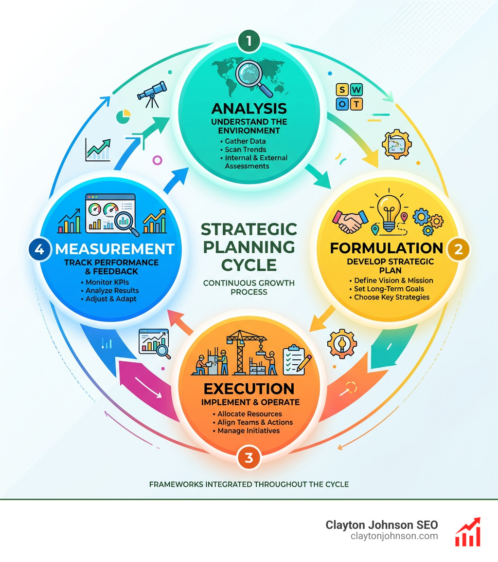Strategic planning cycle showing analysis, formulation, execution, and measurement phases - strategy frameworks infographic 