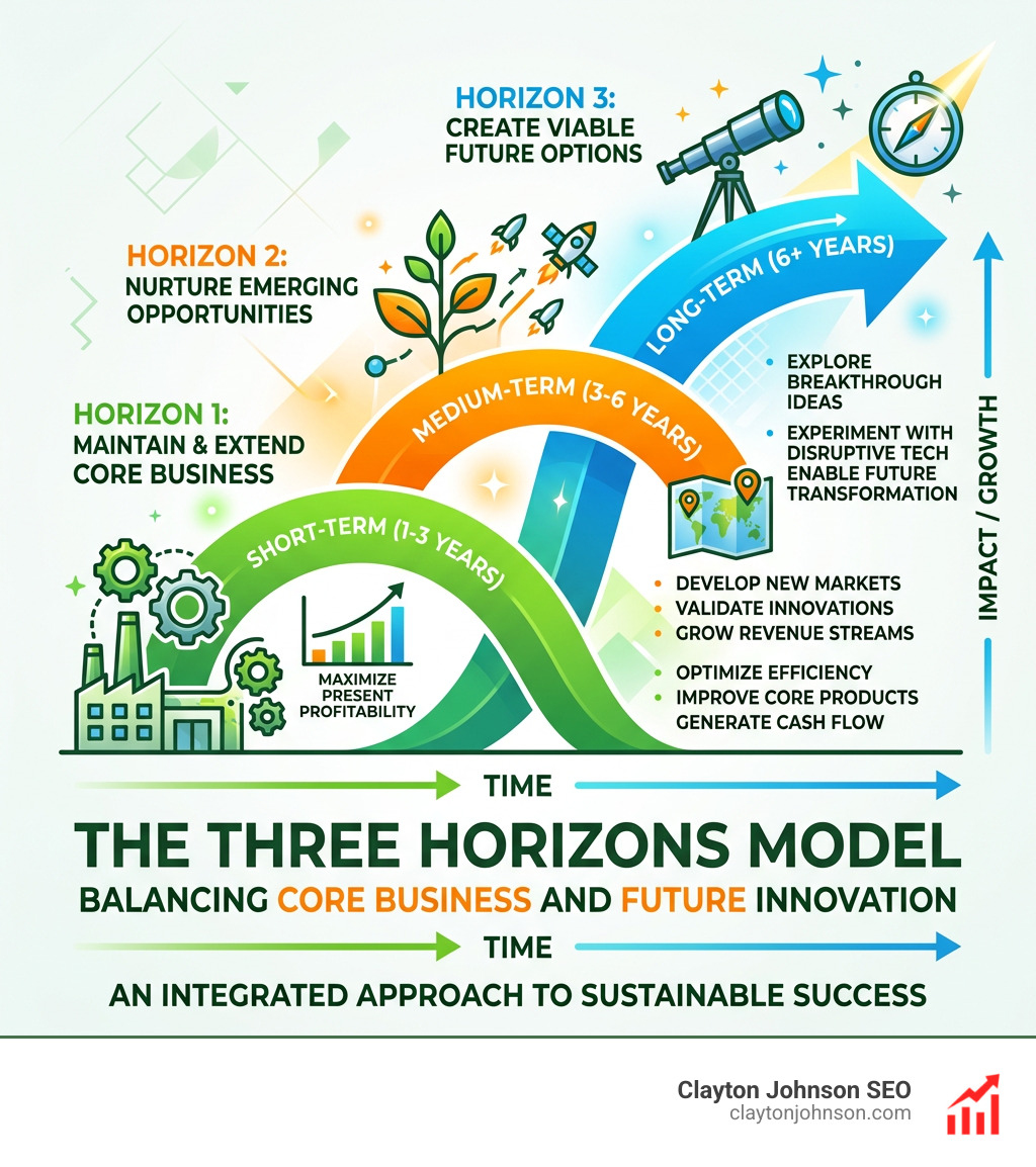 The Three Horizons model showing the balance between current core business and future innovation - strategy frameworks