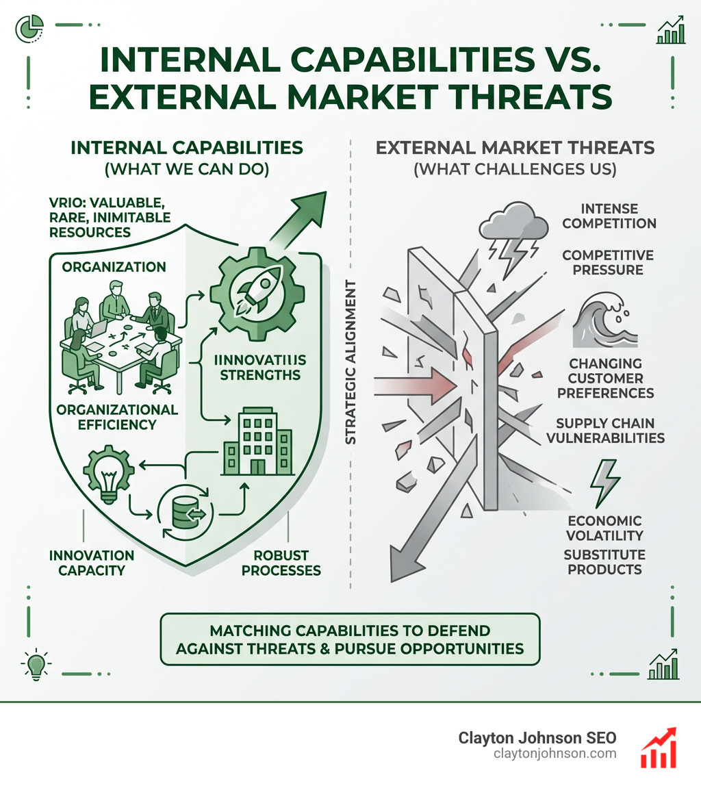 Internal capabilities vs external market threats infographic - business strategy frameworks pdf infographic 