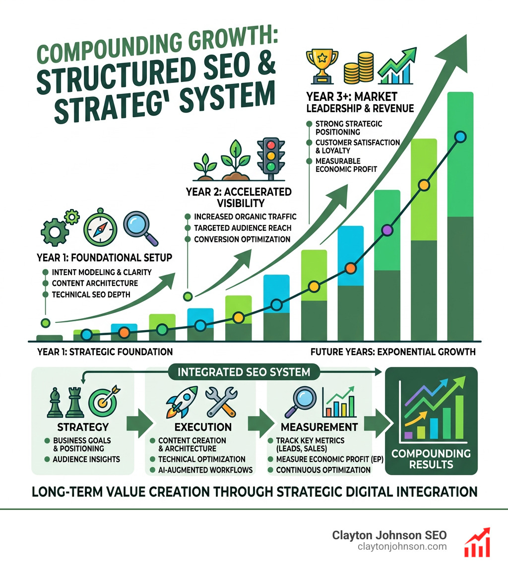 Infographic showing the compounding growth of a well-structured SEO and strategy system - business strategy frameworks pdf