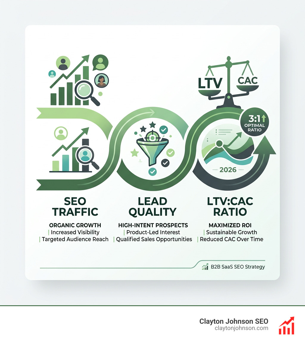 Infographic showing the relationship between SEO traffic, lead quality, and LTV:CAC ratio - b2b saas seo strategy