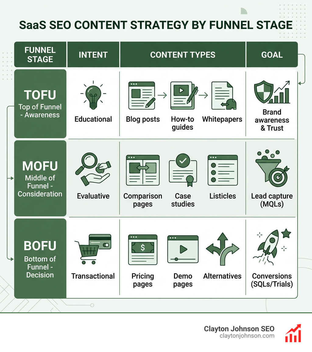 Table comparing TOFU, MOFU, and BOFU content types for SaaS SEO - b2b saas seo strategy infographic 
