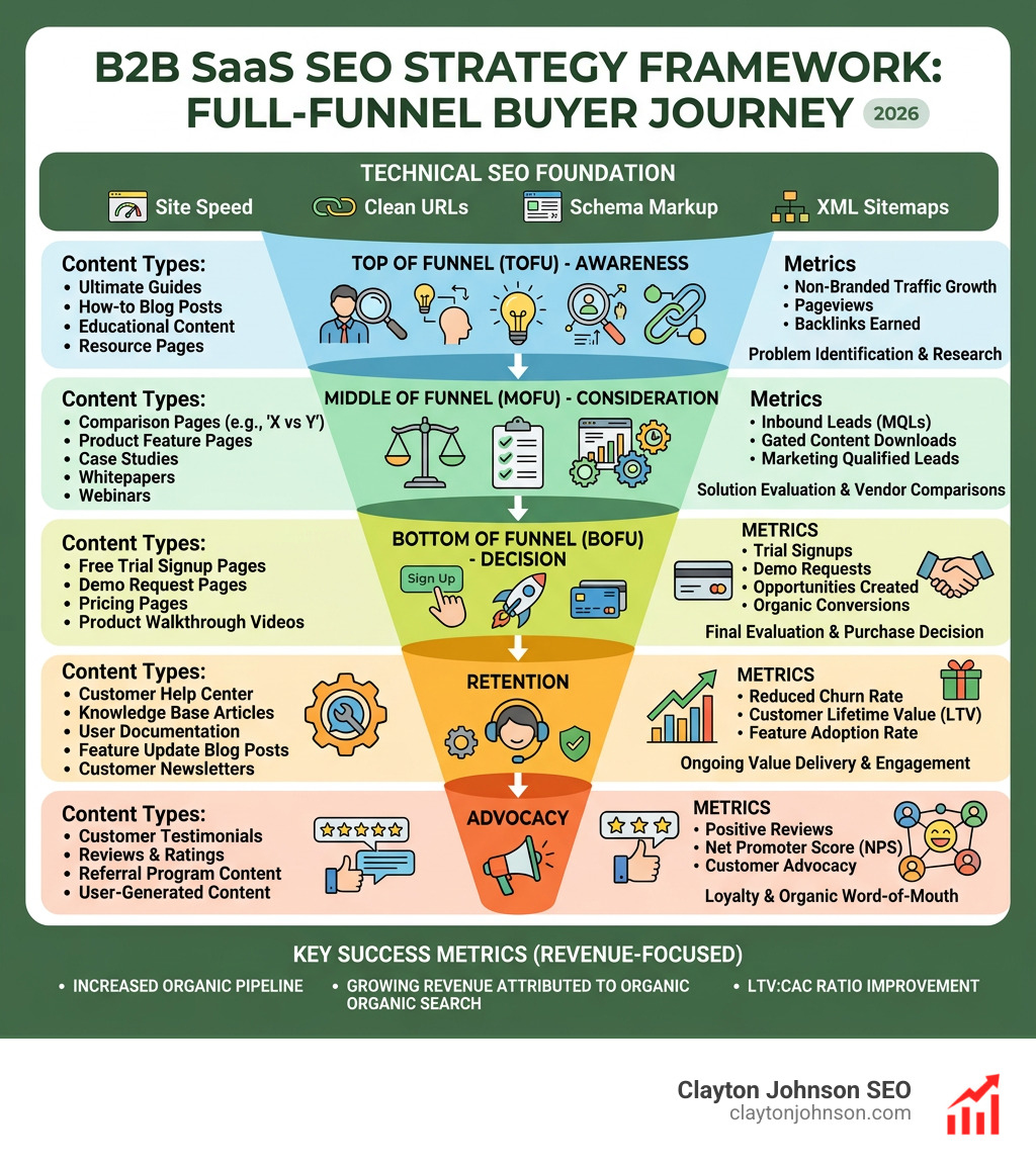 B2B SaaS SEO strategy framework showing full-funnel stages, content types, and key success metrics - b2b saas seo strategy
