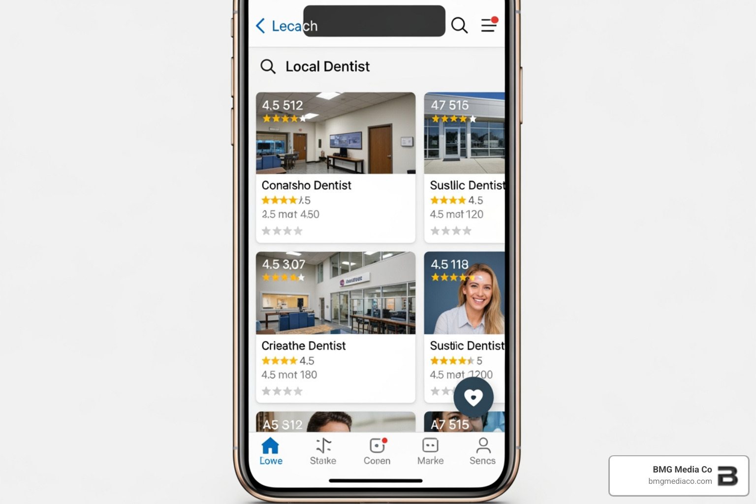 Smartphone displaying local dental search results with high ratings - dentist service area pages