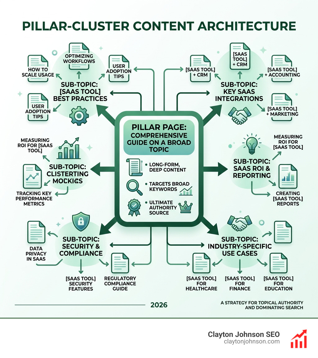 Infographic of a pillar-cluster content architecture showing a central pillar page linked to multiple sub-topic clusters