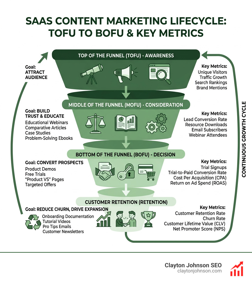 SaaS content marketing lifecycle infographic showing TOFU to BOFU funnel stages and key metrics - saas content marketing