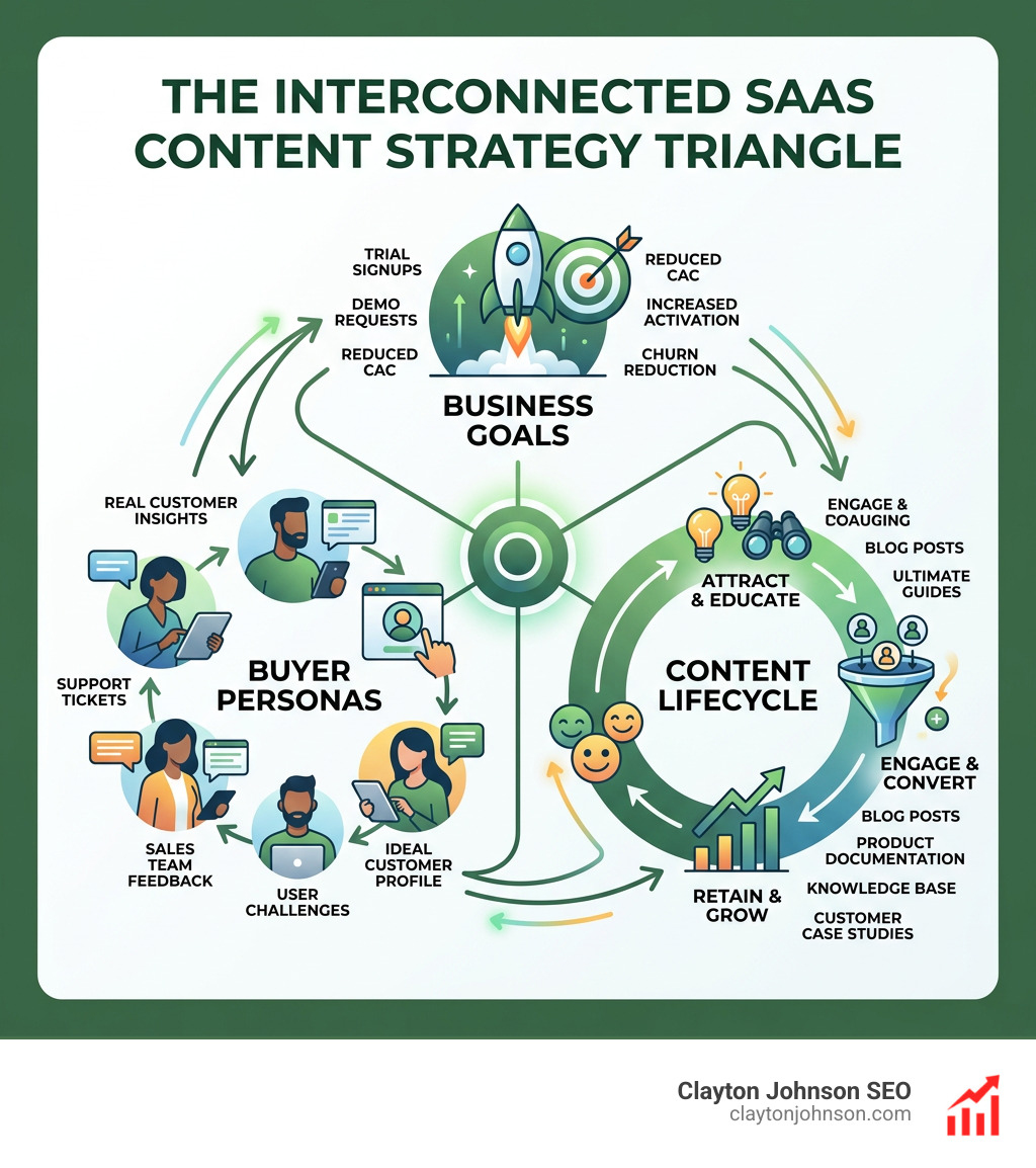 Infographic showing the interconnected relationship between business goals, buyer personas, and content lifecycle - saas