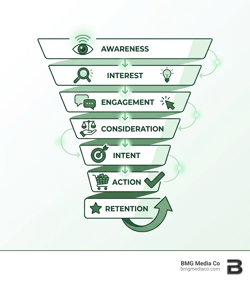 Infographic showing the 7 levels of conversion: Awareness, Interest, Engagement, Consideration, Intent, Action, Retention