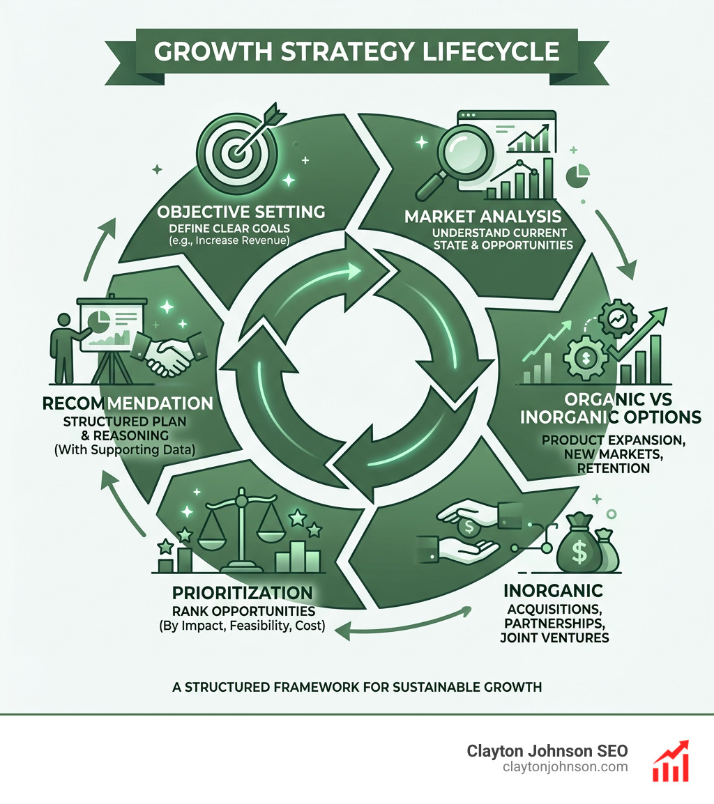 Growth strategy lifecycle infographic showing objective setting, market analysis, organic vs inorganic options