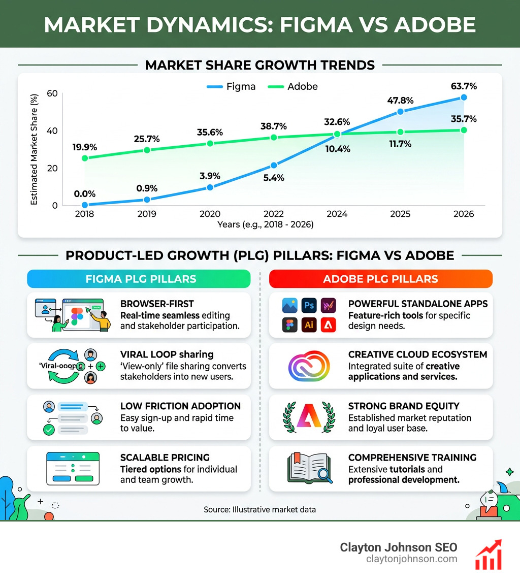 Infographic comparing Figma vs Adobe market share growth and product-led growth pillars - growth strategy case example