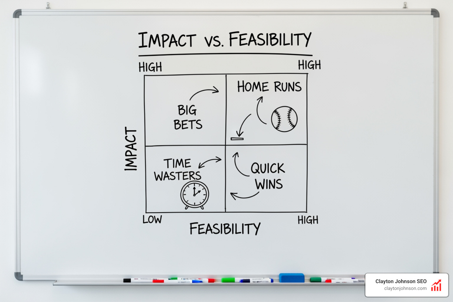Framework whiteboard showing the prioritization of growth opportunities based on impact and feasibility - growth strategy