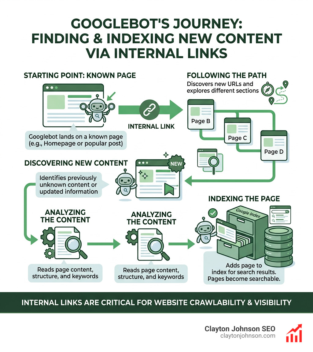 Infographic showing how Googlebot navigates through internal links to find new content and index pages - what are internal