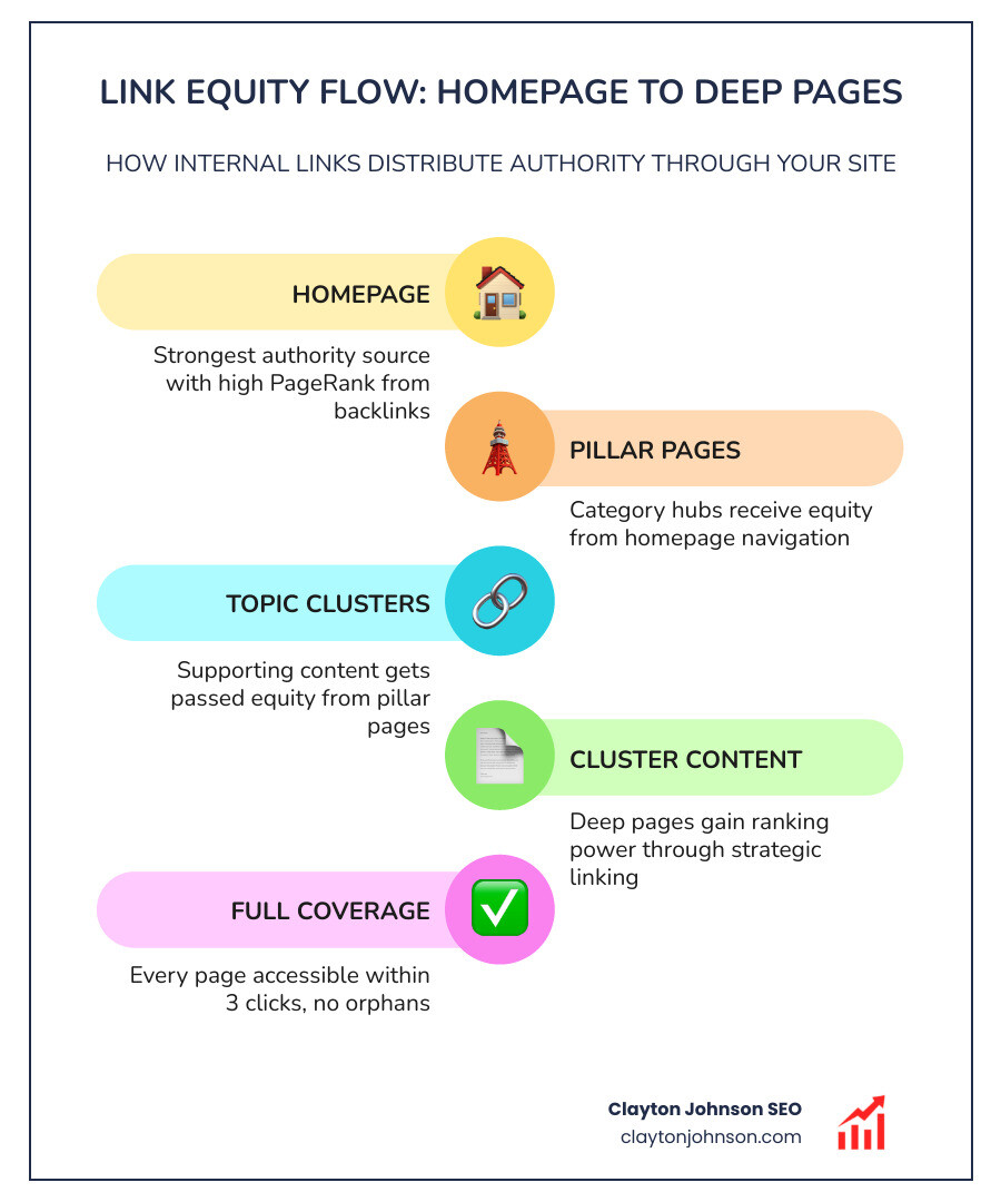 Infographic showing link equity flow from homepage through pillar pages to deep cluster content - best internal linking