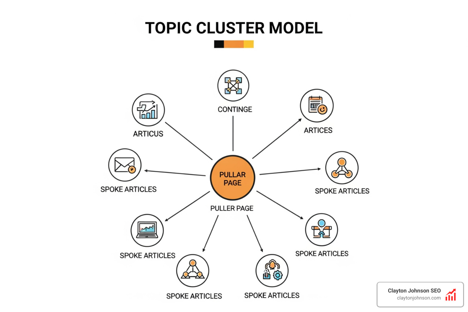 Topic cluster model showing pillar page connected to multiple spoke articles - best internal linking practices
