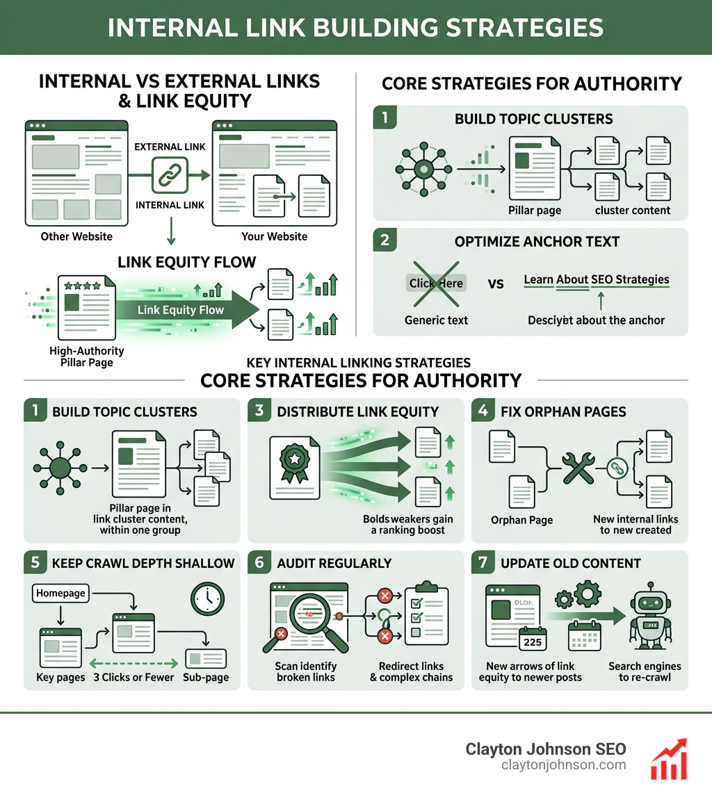 Infographic showing internal vs external links, link equity flow, and key internal linking strategies - internal link