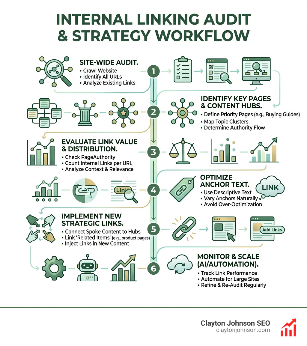 Infographic summarizing the step-by-step internal linking audit and strategy workflow - internal link building strategies