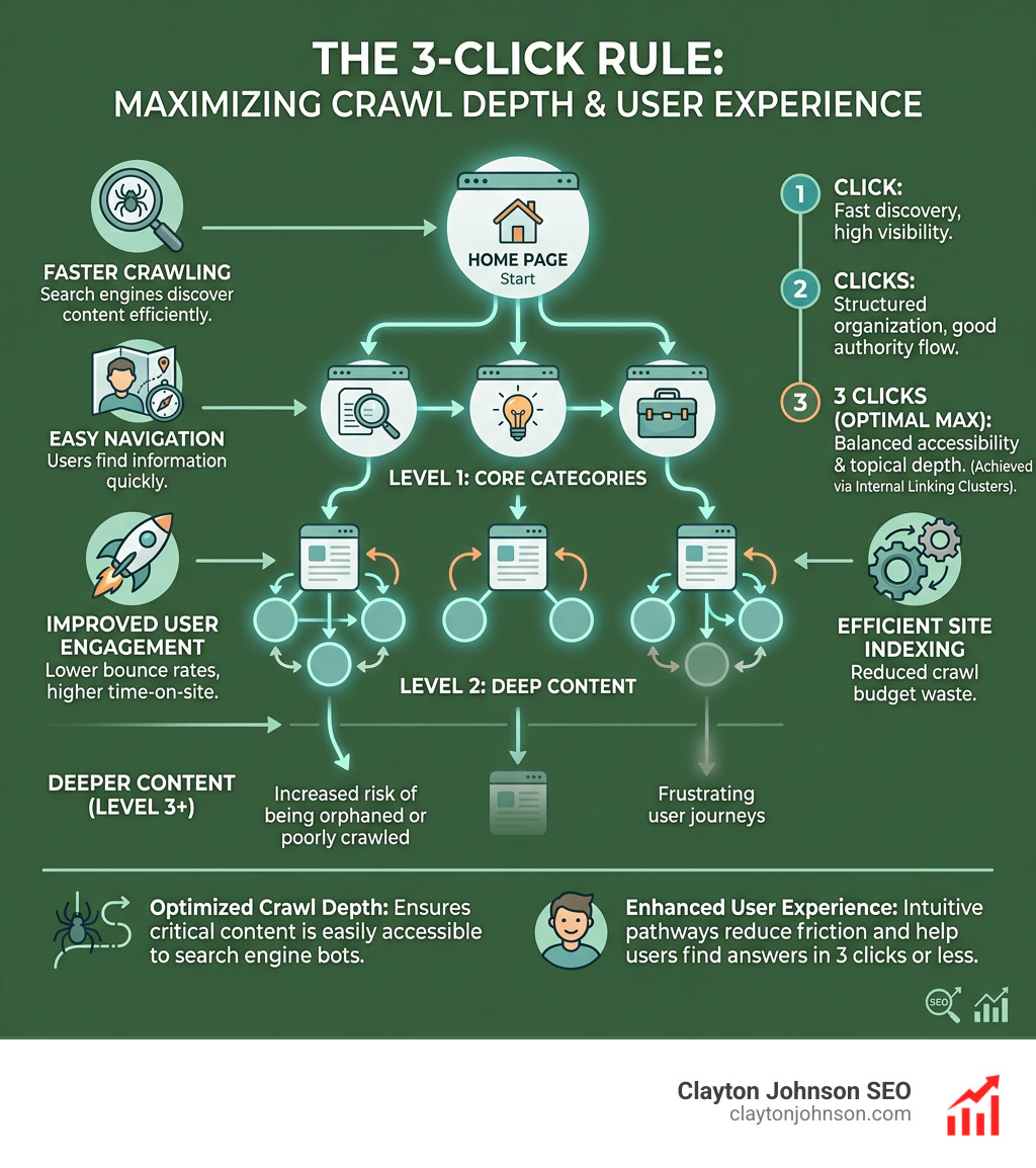 Infographic showing the 3-click rule for crawl depth and user experience - internal link building strategies infographic 