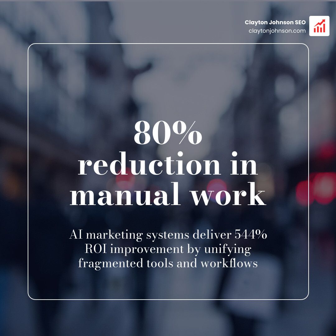 Infographic showing 80% reduction in manual work and 544% ROI improvement via AI systems - ai marketing systems tool