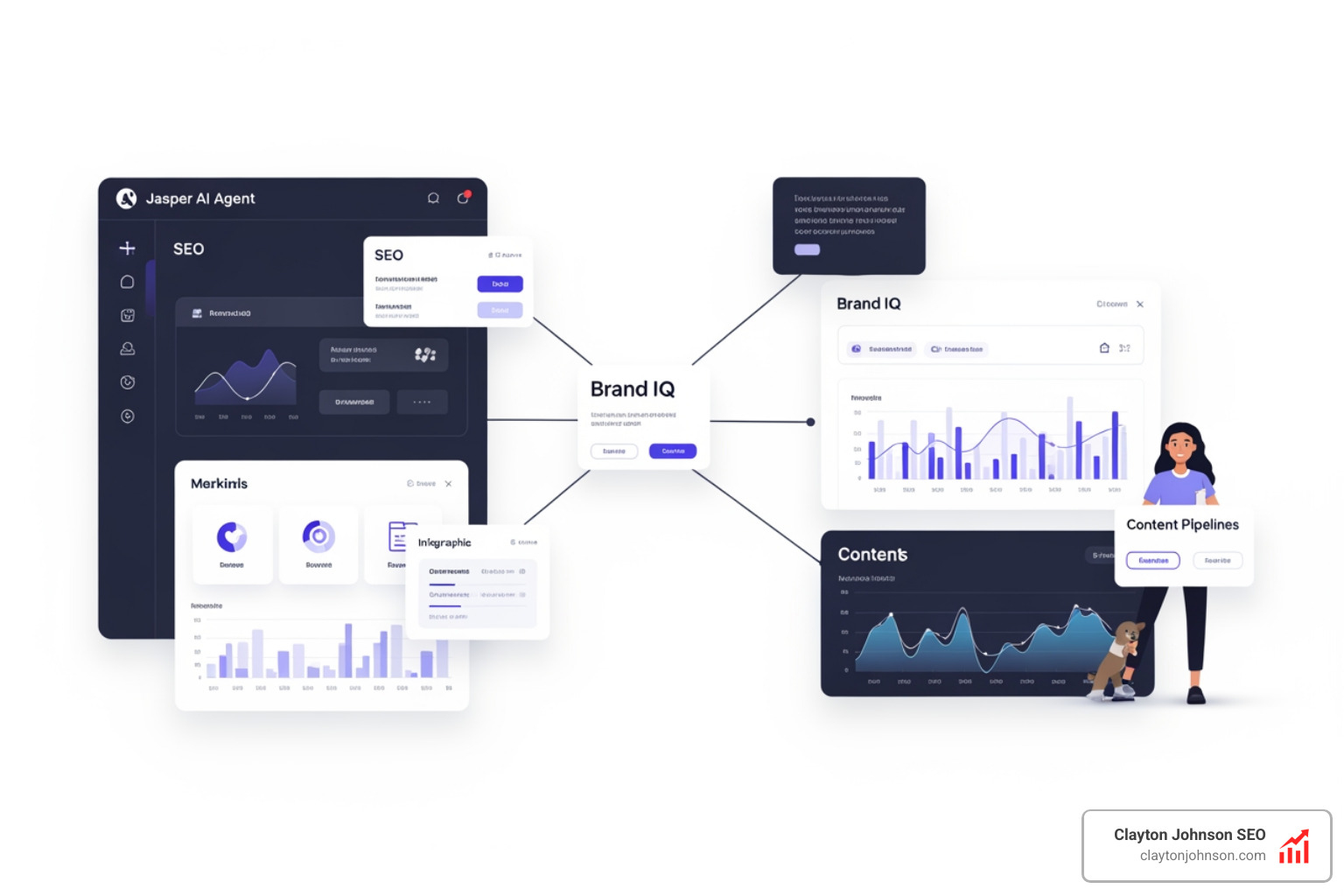 Jasper agent workspace showing the intersection of SEO, Brand IQ, and content pipelines - ai marketing systems tool
