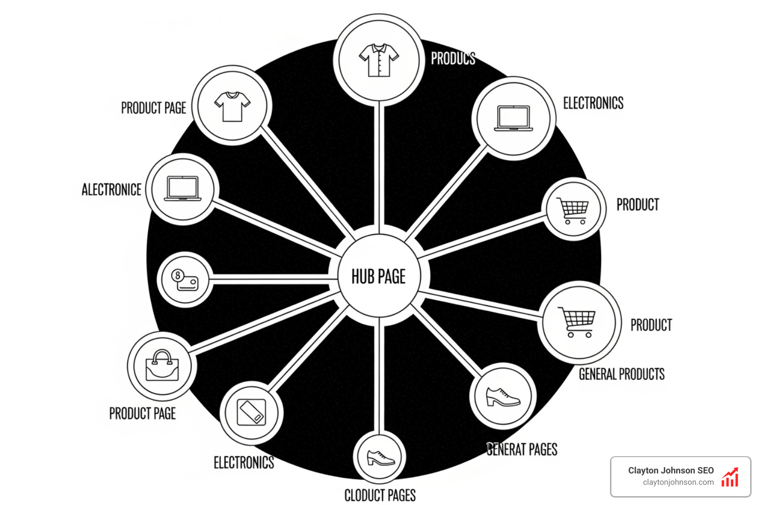 Graphic illustrating the hub and spoke model for eCommerce websites - internal link building strategies