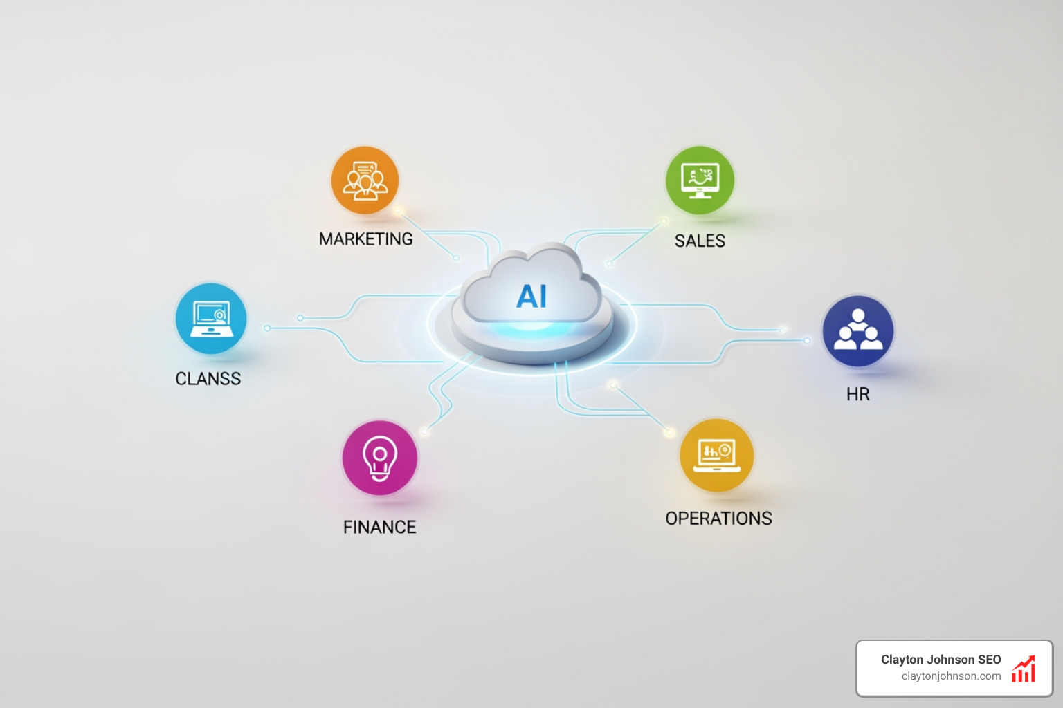 Integrated cloud infrastructure showing AI connecting different business departments - ai marketing consulting