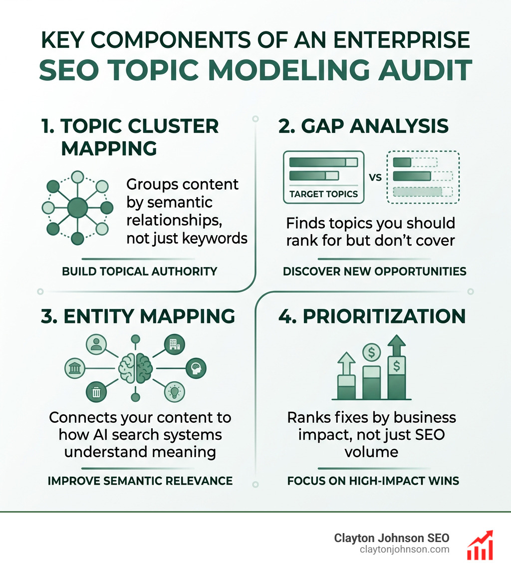 Enterprise SEO topic modeling audit components: cluster mapping, gap analysis, entity mapping, prioritization - enterprise