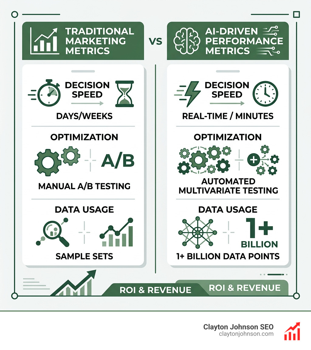 Infographic comparing traditional marketing metrics versus AI-driven performance metrics - ai marketing consulting