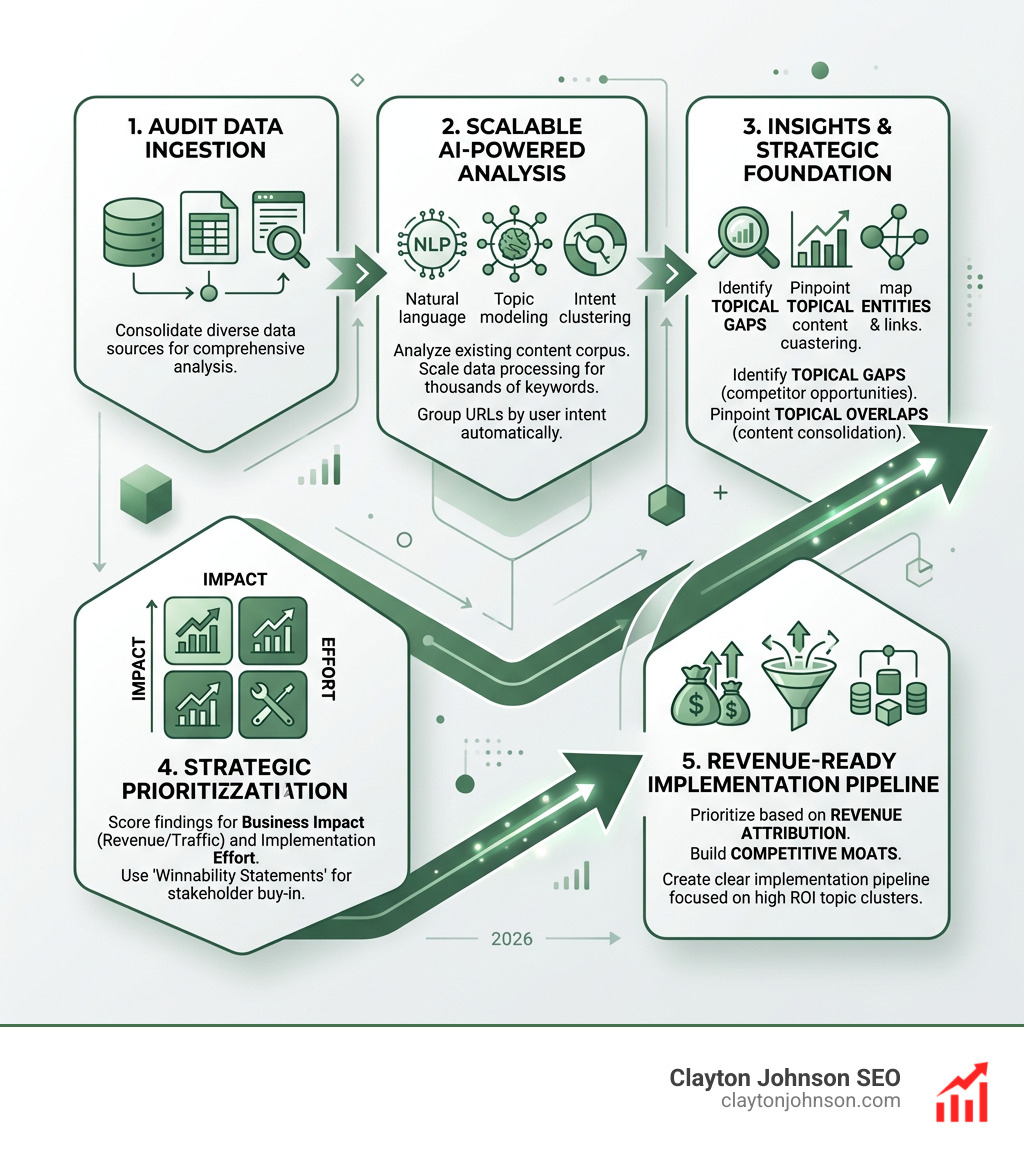 infographic showing the flow from audit data to revenue-ready implementation - enterprise seo topic modeling audit