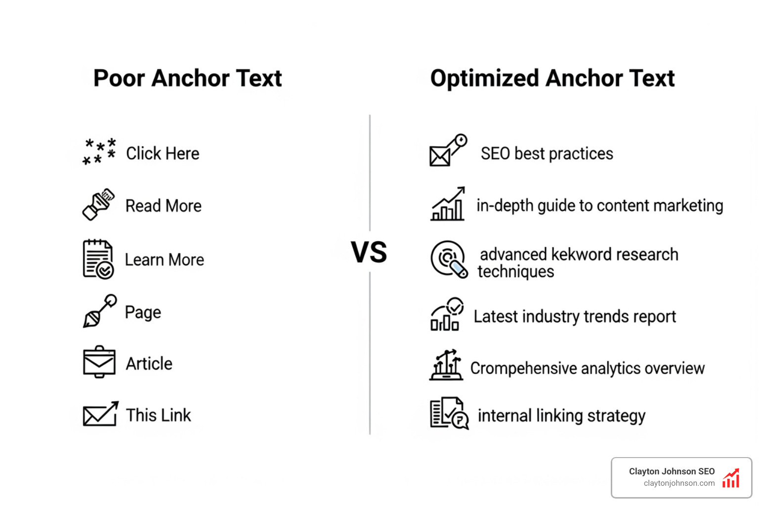 Diagram showing optimized anchor text versus poor anchor text examples for internal linking - what are internal links in seo
