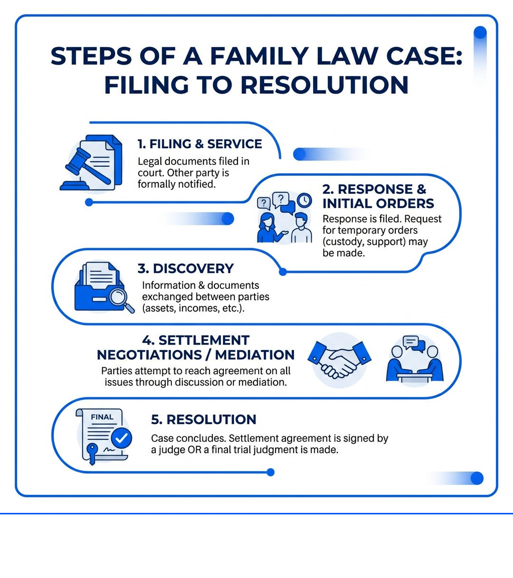 Steps of a family law case from filing to resolution infographic - family law attorney infographic 