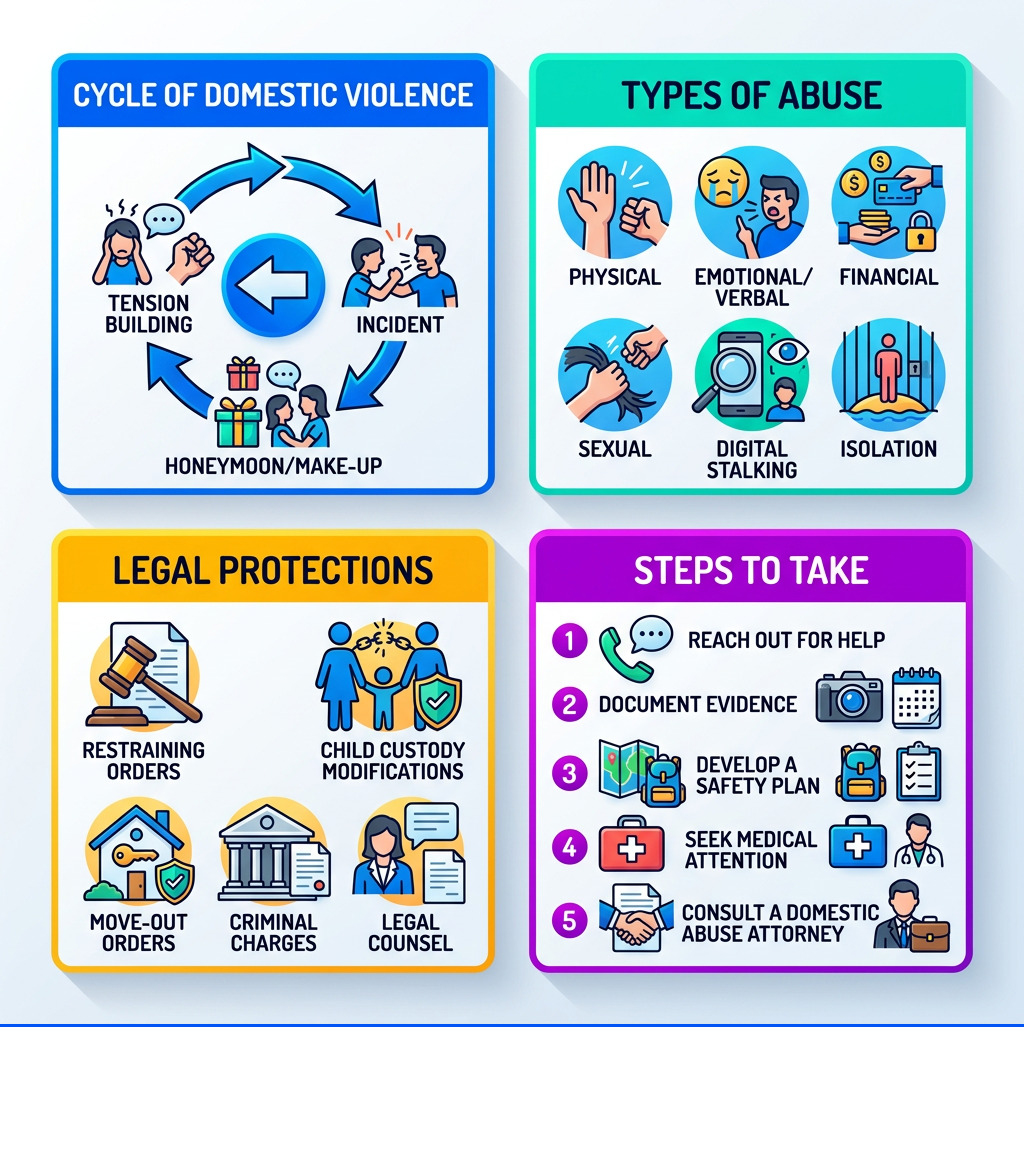Infographic showing cycle of domestic violence, types of abuse, legal protections, and steps to take - domestic abuse