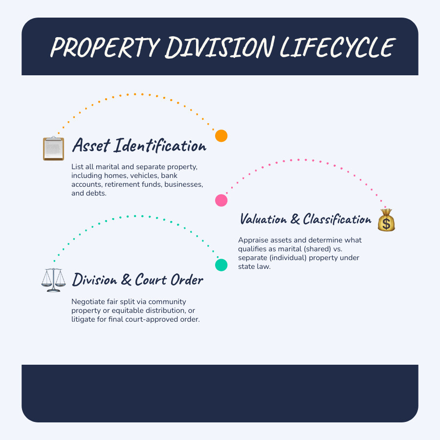Property division lifecycle infographic showing steps from asset identification to final court order - property division