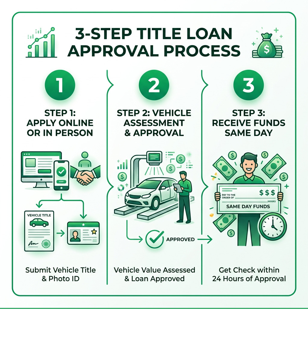 3-step title loan approval process infographic: Step 1 Apply with vehicle title and ID, Step 2 Vehicle value assessed and 3-step title loan approval process infographic: Step 1 Apply with vehicle title and ID, Step 2 Vehicle value assessed and