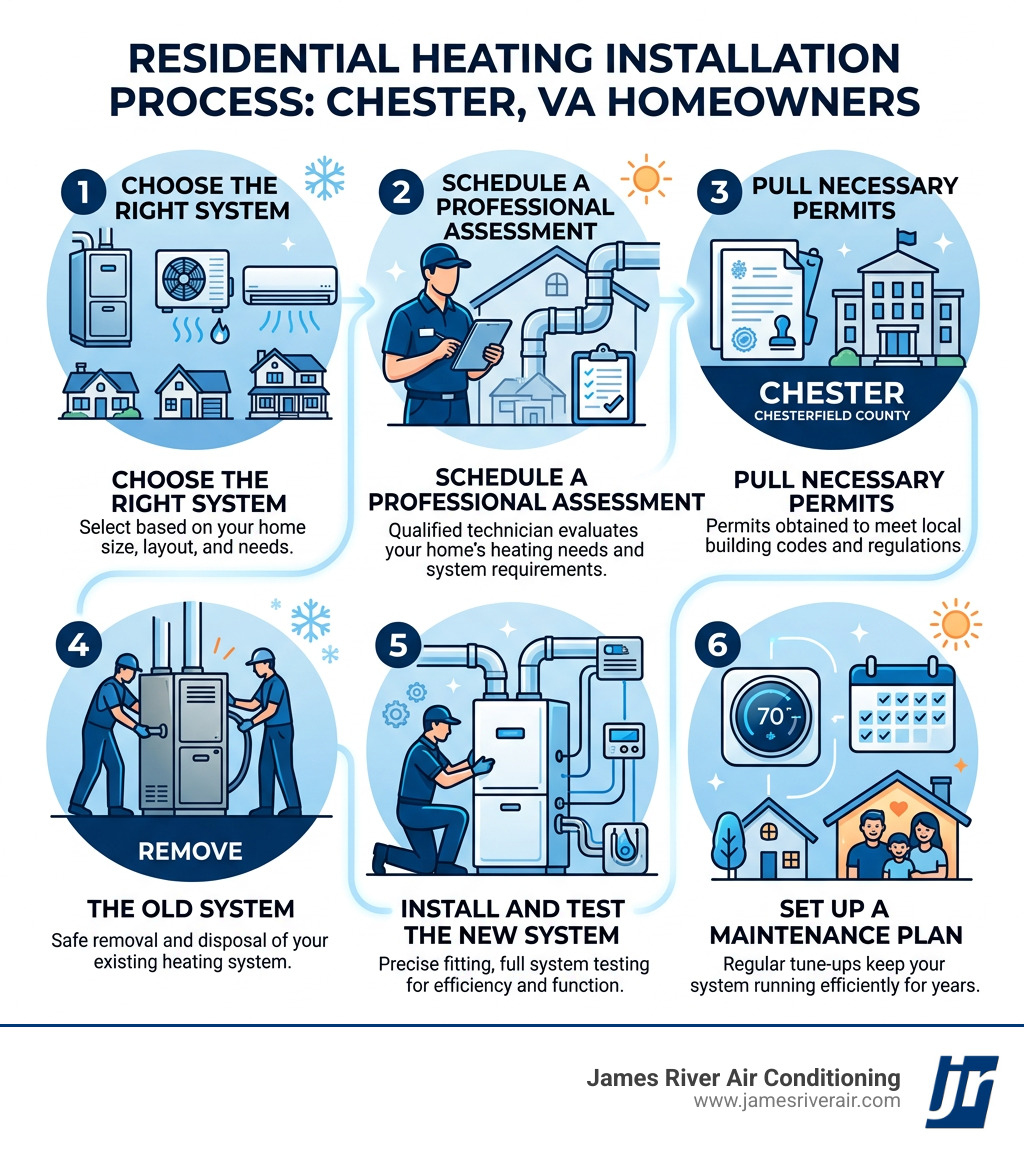 Infographic showing the residential heating installation process steps for Chester VA homeowners - residential heating Infographic showing the residential heating installation process steps for Chester VA homeowners - residential heating