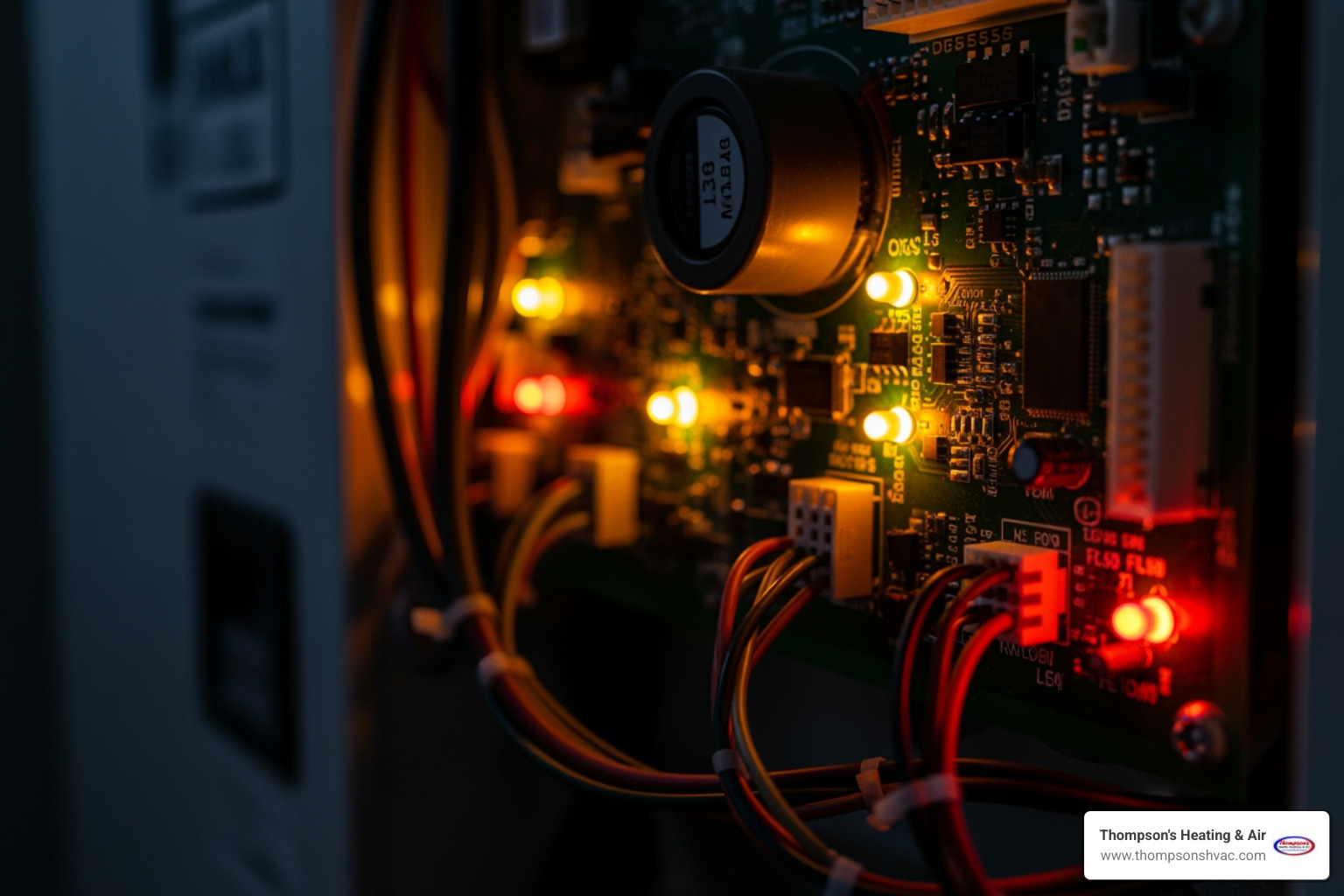 close up of a furnace control board with diagnostic lights - heating repair 24 hour in woodland, ca