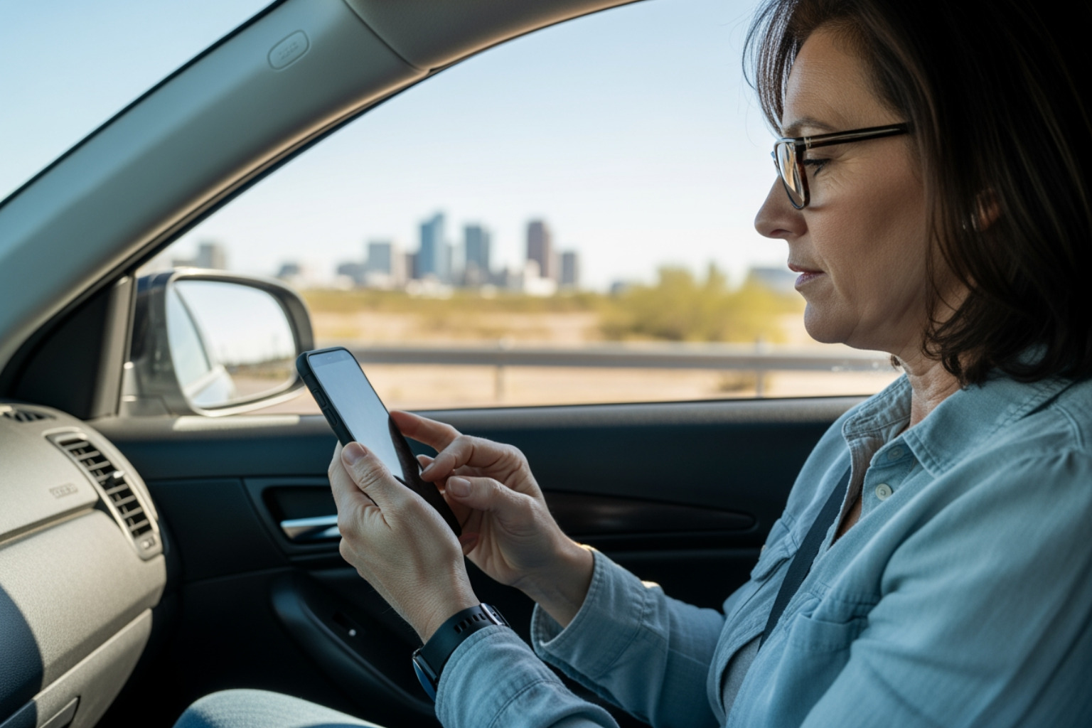 A person in Phoenix applying for a registration loan on their smartphone while sitting in their car - registration loan A person in Phoenix applying for a registration loan on their smartphone while sitting in their car - registration loan