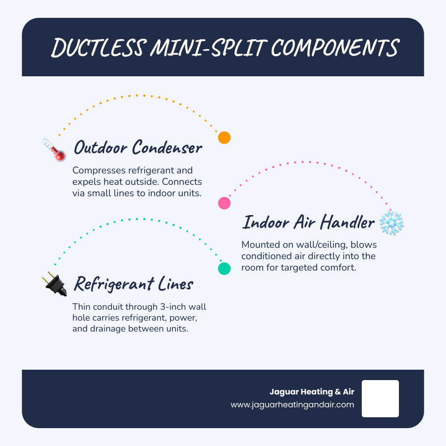 Infographic showing components of a ductless mini-split system including outdoor condenser, indoor air handler, refrigerant