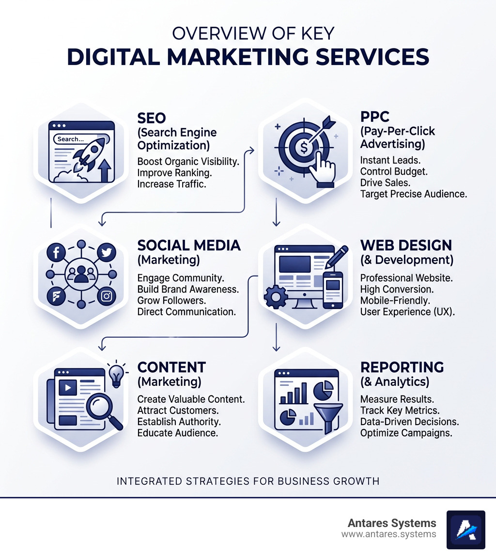 Overview of digital marketing services: SEO, PPC, social media, web design, content, and reporting - internet marketing
