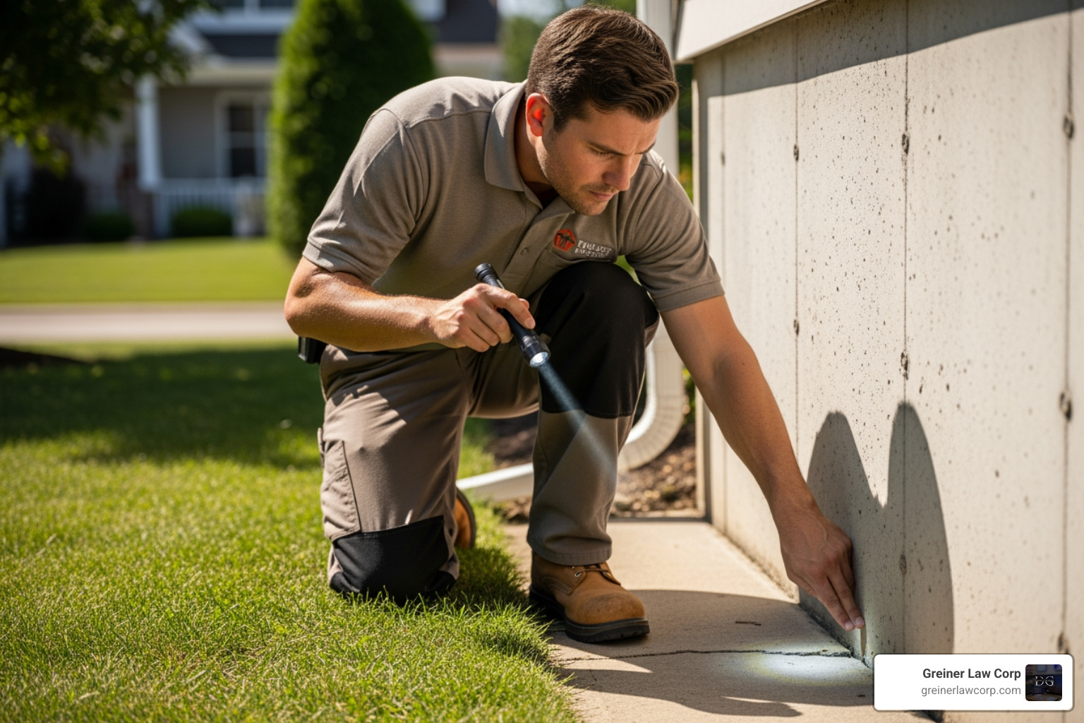 A professional home inspector examining a property's foundation for undisclosed cracks - failed to disclose