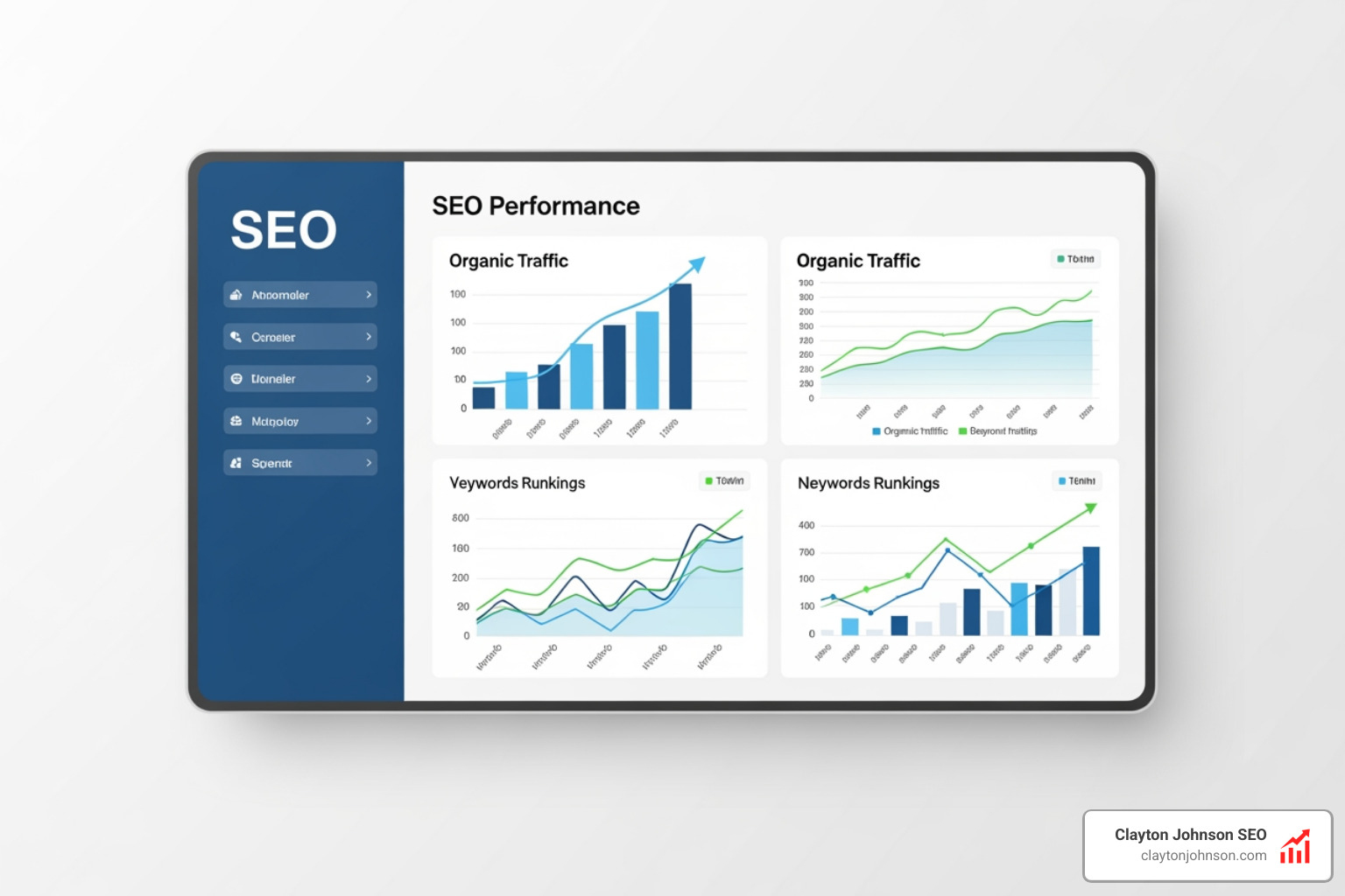 SEO performance dashboard showing rising organic traffic and keyword rankings - topic cluster linking strategy