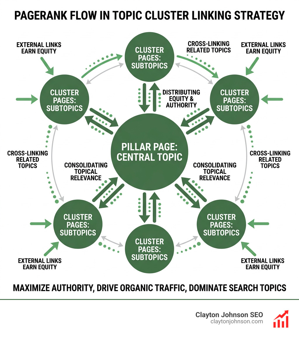 PageRank flow diagram showing how link equity passes between pillar and cluster pages in a hub-and-spoke model - topic