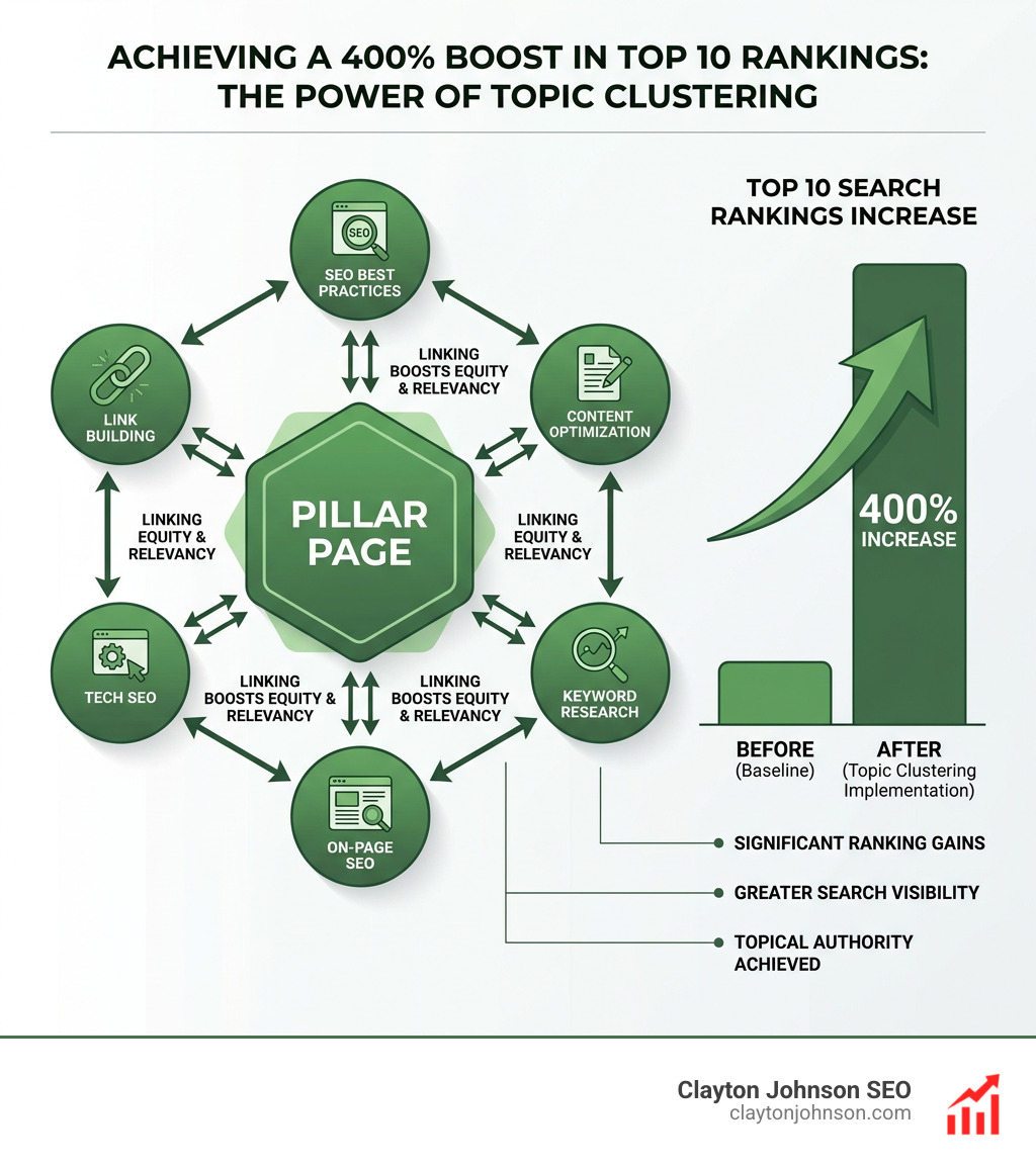 Infographic showing the 400 percent boost in top 10 rankings achieved through topic clustering - topic cluster linking