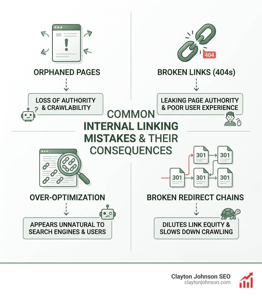 Infographic showing the common mistakes in internal linking like orphan pages and broken links - topic cluster linking