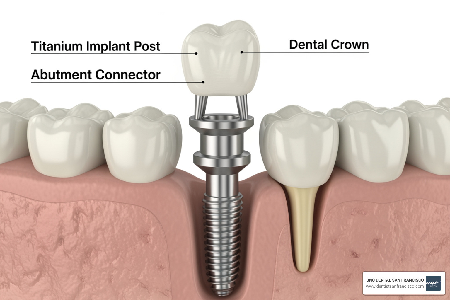 Anatomy of a single dental implant showing the post, abutment, and crown - Dental implant cost comparison Anatomy of a single dental implant showing the post, abutment, and crown - Dental implant cost comparison