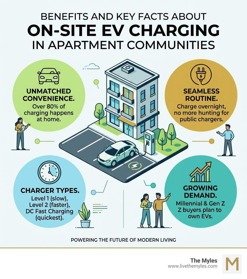 Benefits and key facts about on-site EV charging in apartment communities - Apartments with EV charging infographic Benefits and key facts about on-site EV charging in apartment communities - Apartments with EV charging infographic