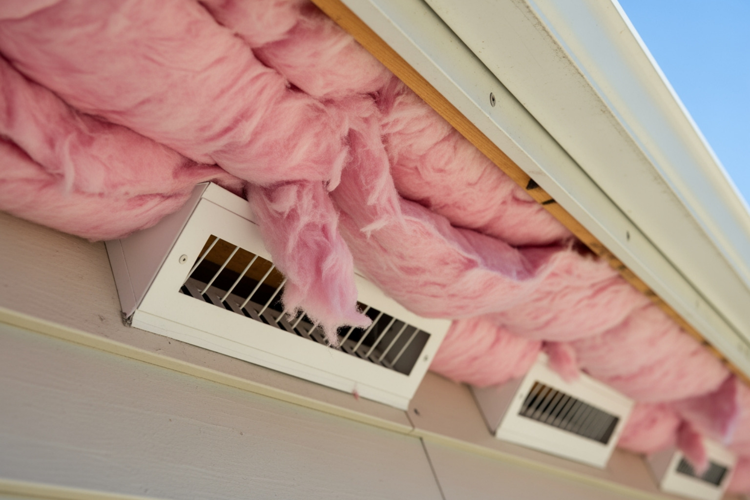 Blocked soffit vents covered by thick fiberglass insulation - attic mold removal