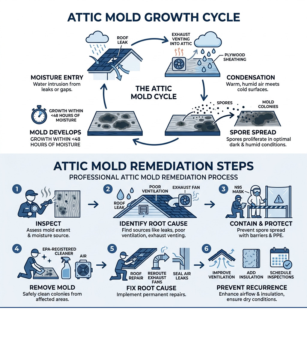Attic mold growth cycle infographic showing moisture entry, condensation, spore spread, and remediation steps - attic mold
