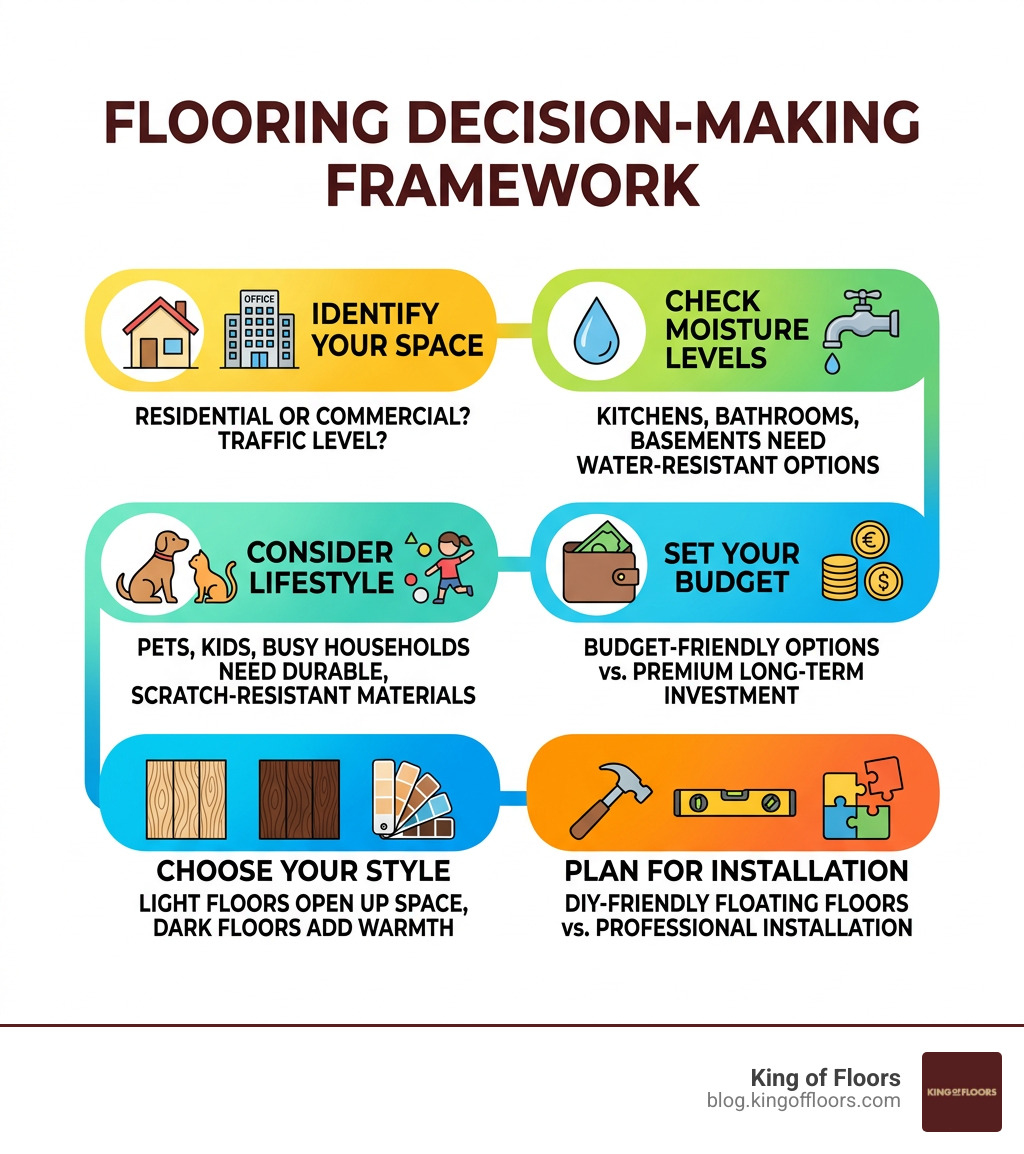 Flooring decision-making framework: space, moisture, lifestyle, budget, style, installation - how to pick flooring