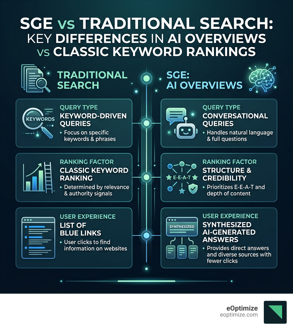 SGE vs Traditional Search: key differences in how AI Overviews work compared to classic keyword rankings - SGE marketing